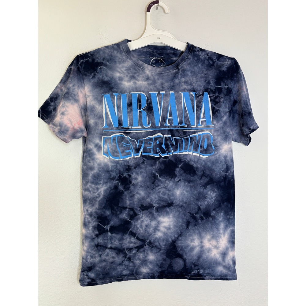 Nirvana Nevermind Tie Dye Graphic T-Shirt Blue White XS Short Sleeve Grunge Band